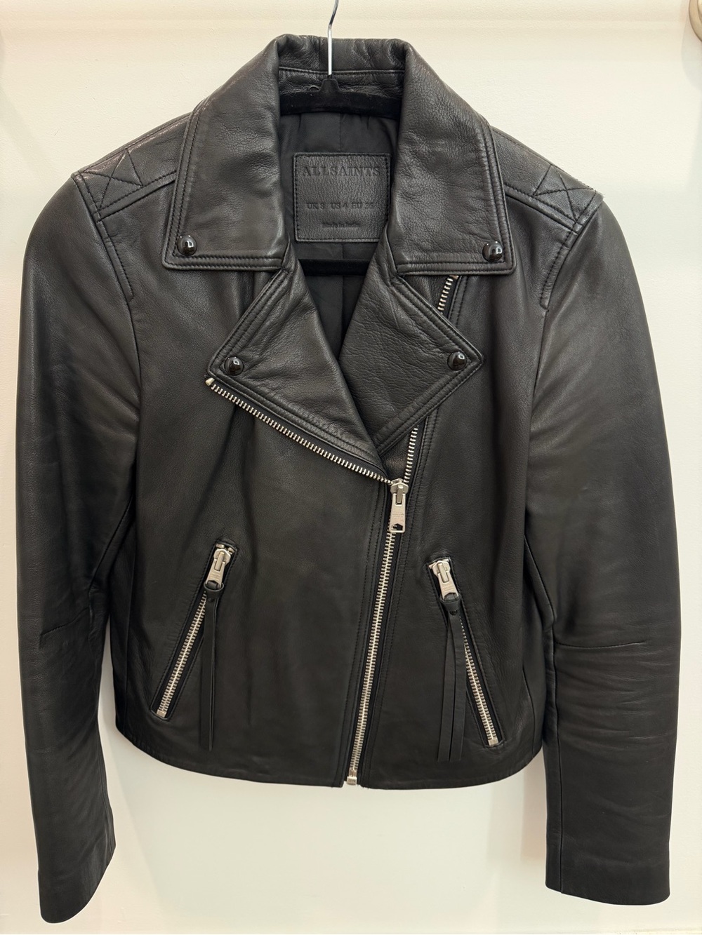 AllSaints Dalby Black Lamb Leather Biker Jacket – Women’s US 4